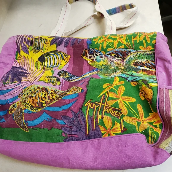 Guy Harvey Sea Turtle/Fish Pink Canvas Shoulder Tote Bag (Beach, Travel) - Picture 3 of 5